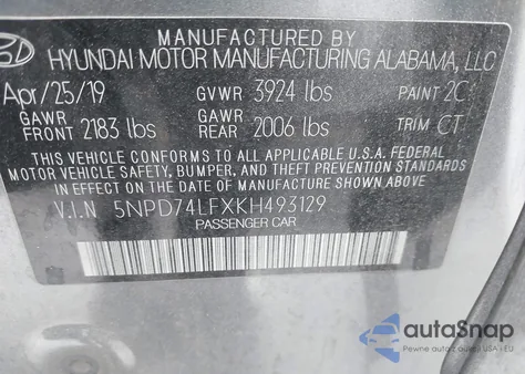 2019 Hyundai Elantra Se z USA, uszkodzony, nr VIN 5NPD74LFXKH493129